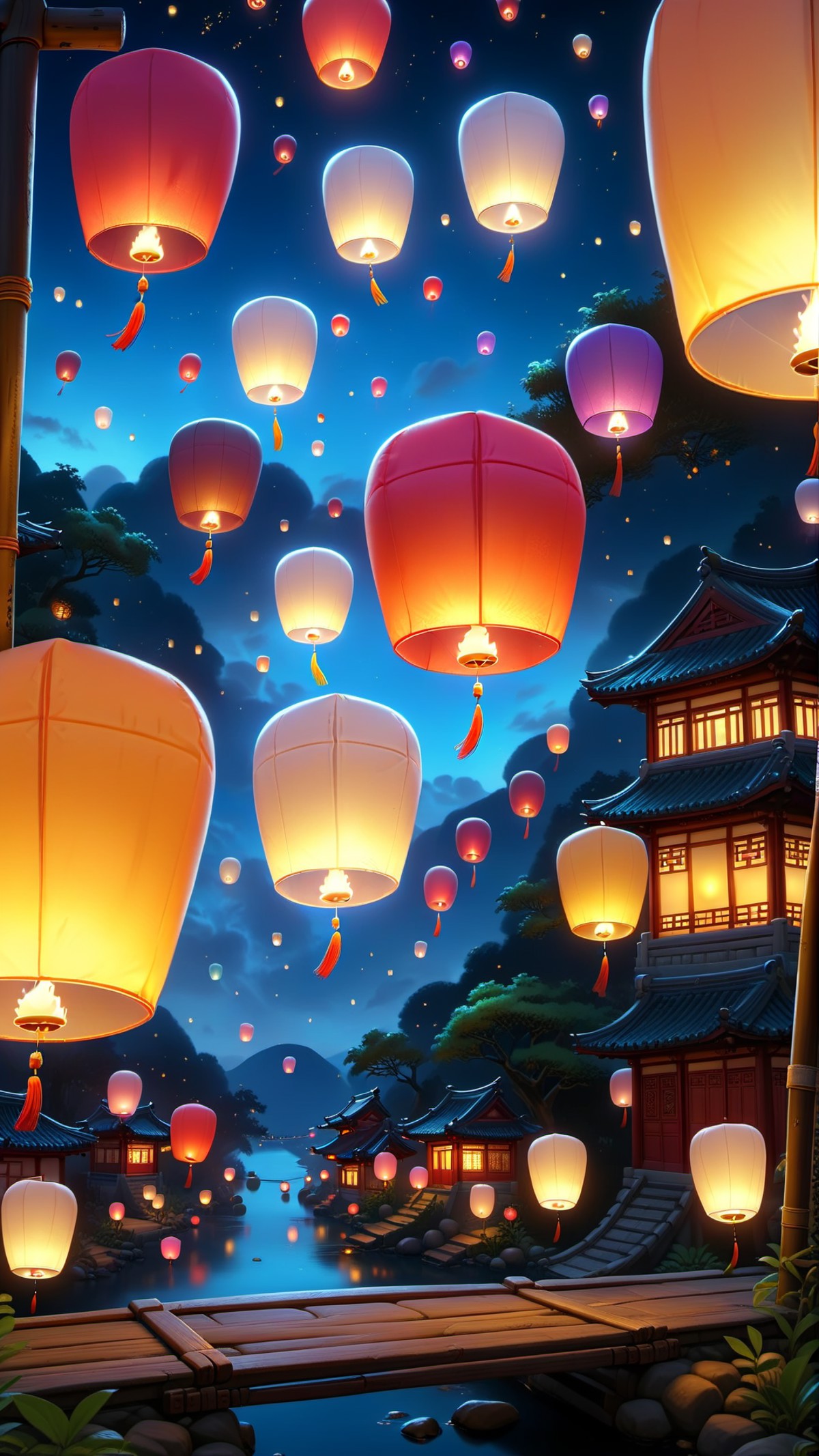 <lora:Chinese Spring Festival Theme_Kongming Lanterns_XSE_GAME_V1-000006:1>,on a small bridge,(no one in the picture:1.6),...